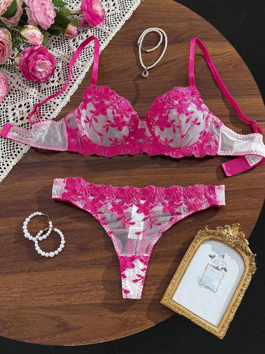 SHEIN 粉色浪漫女款鋼圈內衣與內褲套裝,2件組 - 玫紅色 - 查看 1