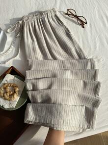 Comfortcana Spring/Summer Vacation Style Beige Apricot Linen Casual Plus Size Women's Striped Pants Fall - Beige - View 4