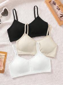 SHEIN Tween女孩 3件組 簡約基礎款 V領加墊透氣內衣套裝 黑/白/黃 - 黃色 - 查看 6