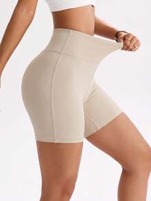 Core Rhythm New Summer Women's Solid Color Matte High Waist Seamless 3/4 Length Sports Shorts, High Elasticity Skin-Friendly Tummy Control Non-Rolling Yoga Cycling Workout Shorts - Beige - View 3
