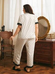 Côtesoire Plus Size French Elegant Polka Dot Print Knit Fabric, Contrast Color Lace Patchwork Short Sleeve Long Pants Pajama Set - Black and White - View 2