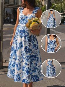 SHEIN Maternity Floral Print A-Line Dress With Wide Strap, Shirred Bust And Frill Trim Business Casual Elegant Outfit Daily Commute - Blue and White - View 1