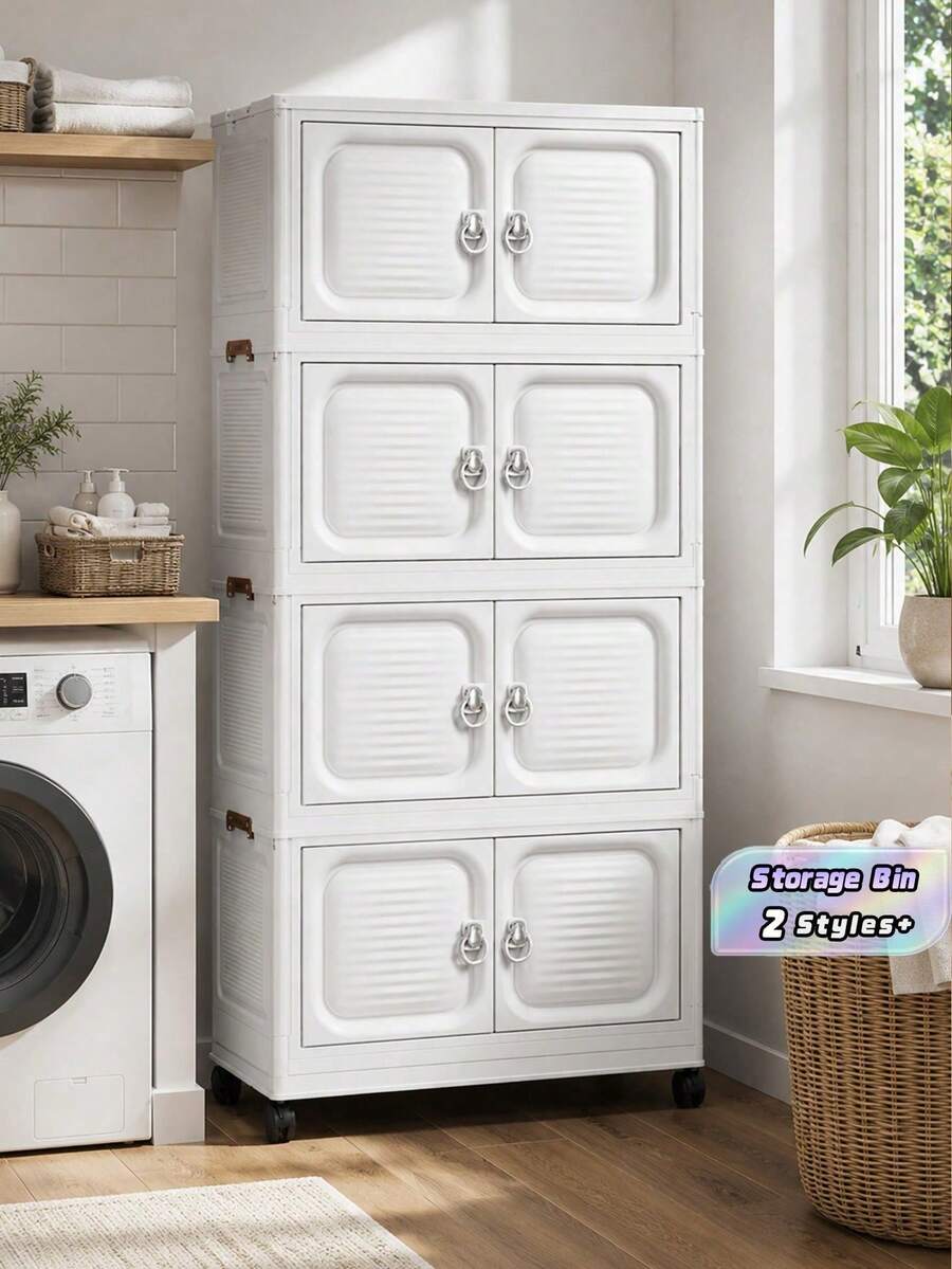 3/4-Tier No Assembly Foldable Plastic Storage Box, Stackable Collapsible Organizer Cabinet For Kitchen Living Room Snacks Toys, Bedroom Wardrobe Closet Storage Bin - White - View 1