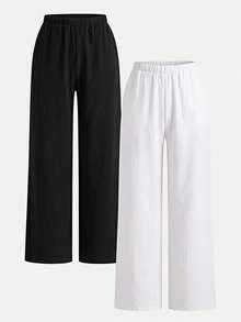 SHEIN 青少年女孩黑色卡其色抽繩寬鬆休閒工裝長褲 白色 加厚款 秋季 - 黑與白 - 查看 3