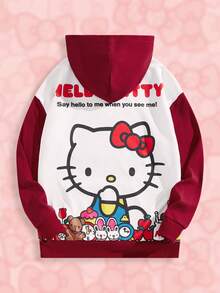 HELLO KITTY AND FRIENDS | SHEIN Unisex 1pc Loose Knit Colorblock Cartoon Graphic Drawstring Hoodie - White - View 1