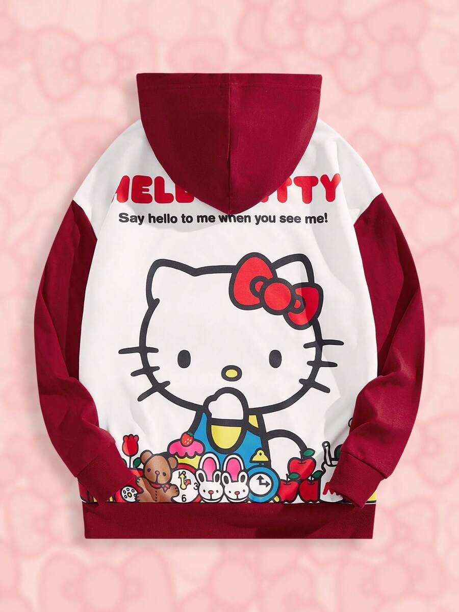 HELLO KITTY AND FRIENDS | SHEIN Unisex 1pc Loose Knit Colorblock Cartoon Graphic Drawstring Hoodie - White - View 1