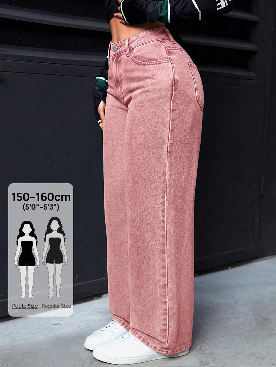 SHEIN PETITE 女款寬腿鬆垮休閒百搭牛仔褲,附口袋 - 西瓜粉 - 查看 1
