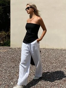 Livesso Petite Kaos Wanita Tanpa Tali, Warna Polos, Minimalis, Potongan Slim Fit, Cocok untuk Liburan - Hitam - View 5