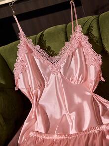 SilkySpell Pink Heavy Lace Sexy Plus Size Faux Silk Pajama Set - Pink - View 4