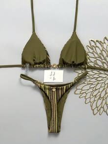 Swim Mod 女款春夏新款特殊面料金屬裝飾V領掛脖露背三角鉚釘比基尼泳衣兩件套 - 墨綠色 - 查看 2