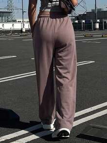 DAZY 女款純色寬鬆百褶長褲 運動休閒 春季運動褲 - 咖啡棕 - 查看 2