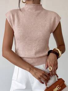 Firerie Elegant High Neck Loose Casual Versatile Sleeveless Knit Sweater - Dusty Pink - View 4