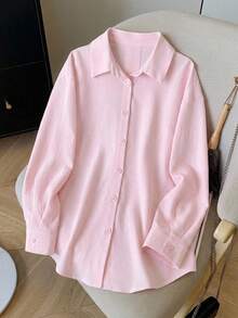 SHEIN 青少年女孩春/夏新款時尚寬鬆薄款後開衩綁帶長袖襯衫 - 粉色 - 查看 3