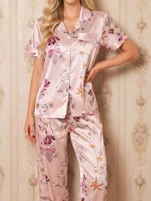 Amorya Set Pakaian Santai Wanita Elegan dengan Kardigan Berkerah Motif Bunga Bahan Sutra Imitasi Lengan Pendek - MultiWarna - View 4