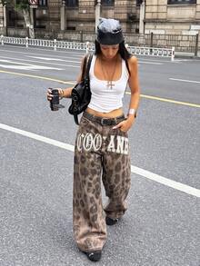 Coolane 女款春夏街頭風外訪夜生活演唱會 Y2K 休閒復古水洗寬腿牛仔褲 豹紋低腰棉質香蕉哈倫褲 - 咖啡棕 - 查看 4