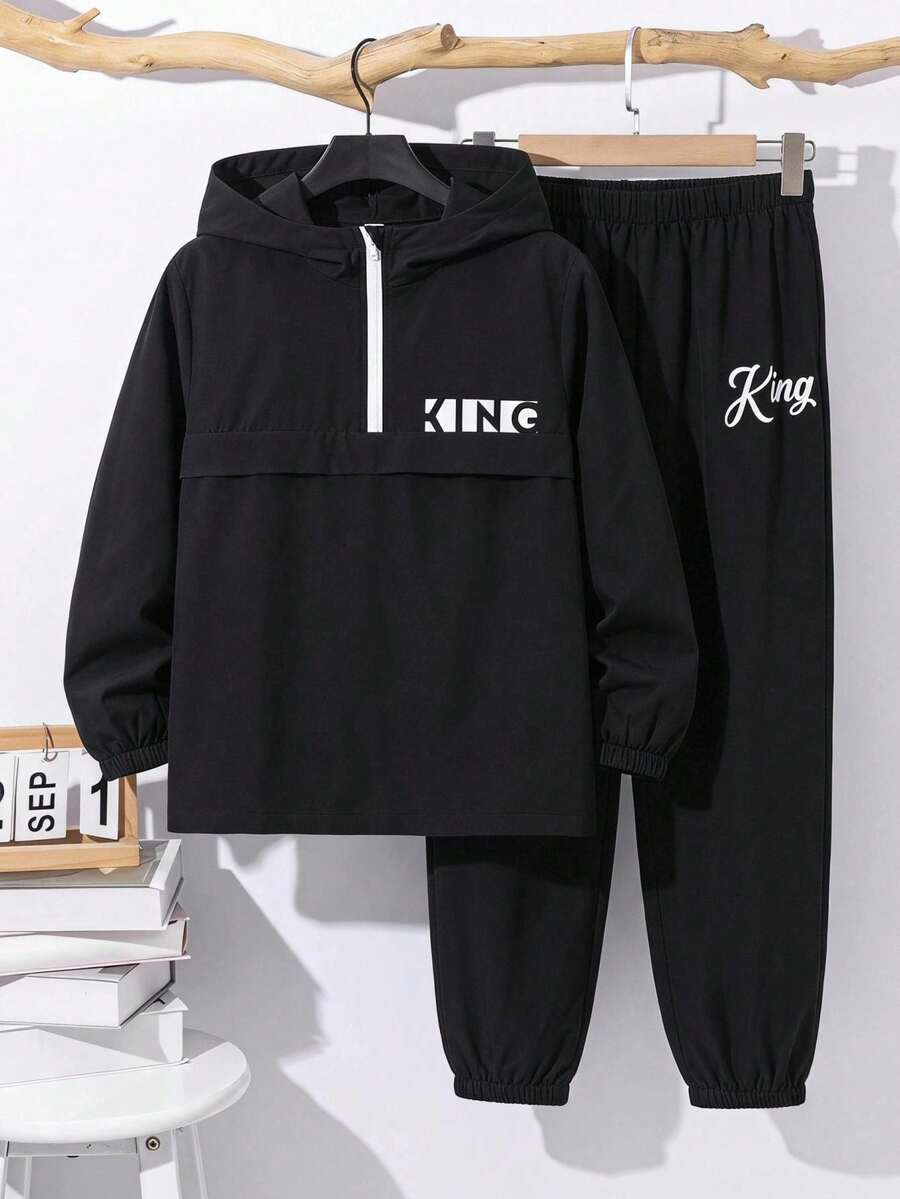 SHEIN 2pcs Kids Tween Boy Half-Zip Hooded Jacket And Jogger Pants Set, Casual Sports Style For Autumn/Winter - Red - View 1