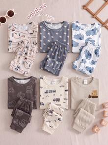 SHEIN Vintaside Kids 6 Stücke Baby Jungen Blau & Khaki Auto & Elefant Muster Langarm Pyjama Set - Verschiedenfarbig - Übersicht 1