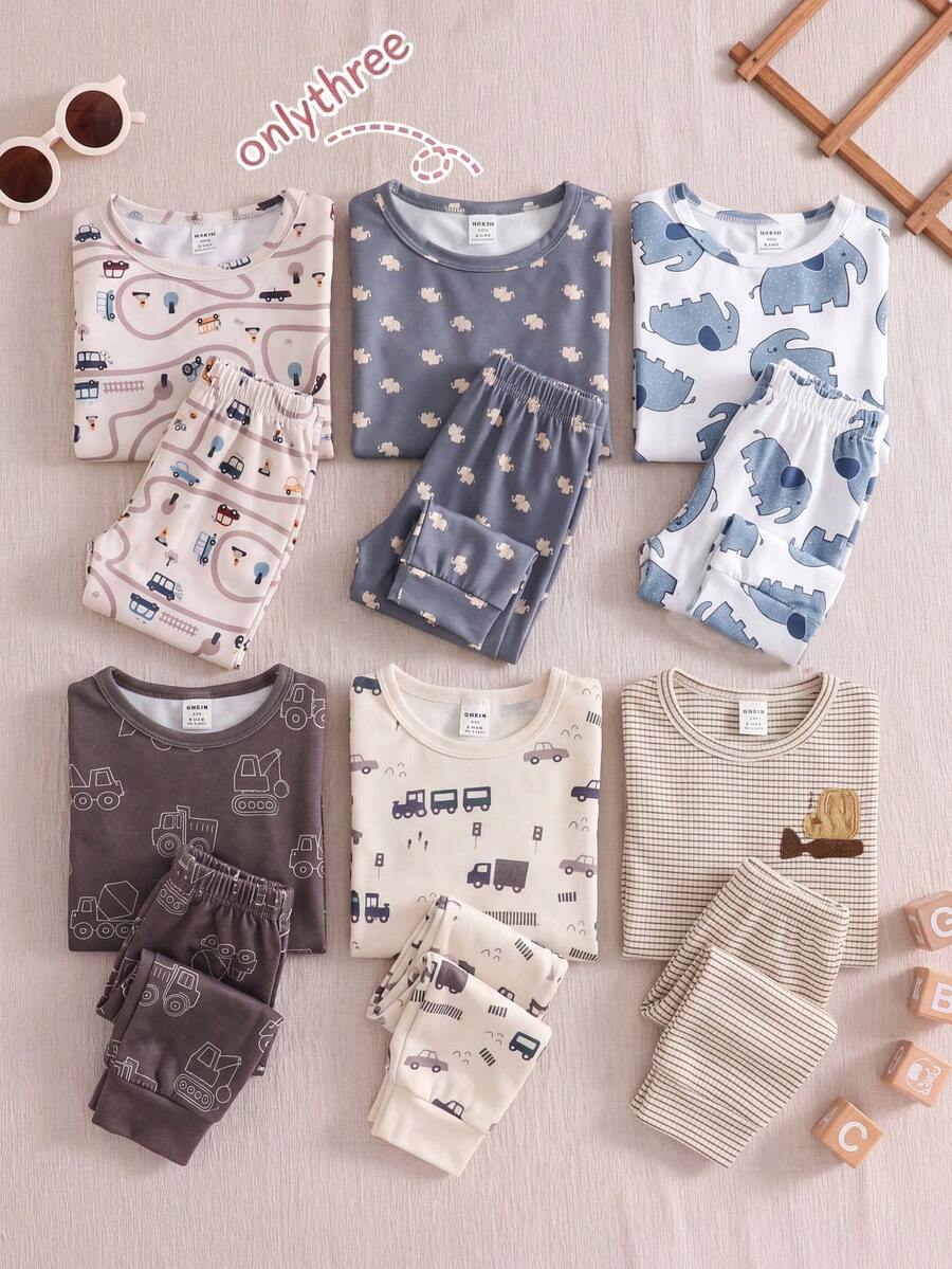 SHEIN Vintaside Kids 6 Stücke Baby Jungen Blau & Khaki Auto & Elefant Muster Langarm Pyjama Set - Verschiedenfarbig - Übersicht 1