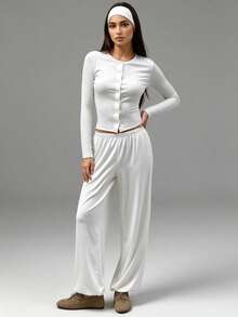 Cévolie Women's Solid Color Long Sleeve Top And Pants Casual Daily 2 Pieces Set - White - View 4