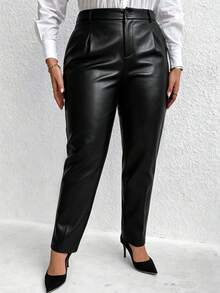 SHEIN LUNE CURVE Plus Size Women's Solid Color Pocket Slim Fit Tapered Leg Suit Pants - Black - View 3