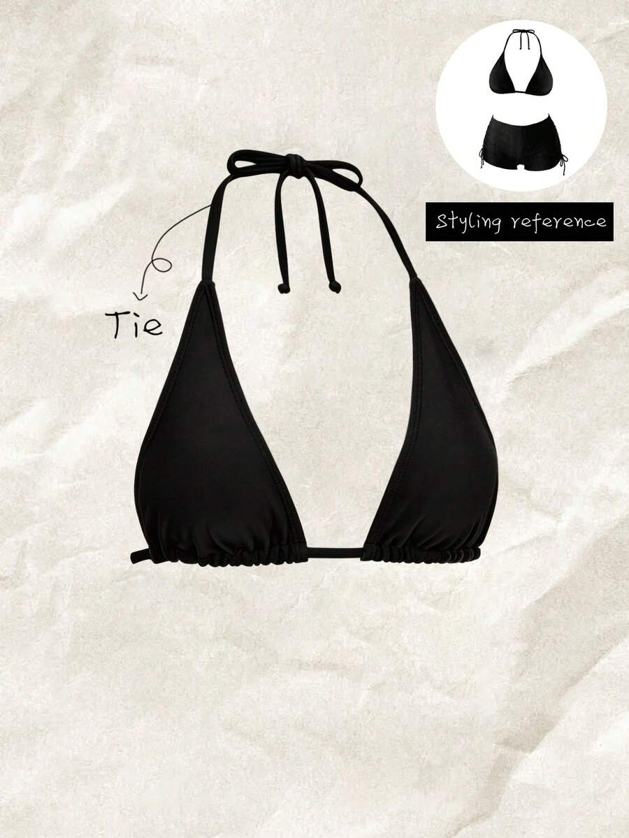 Elavelle Top de bikini de unicolor con cuello halter para mujer, primavera/verano - Negro - Ver 1