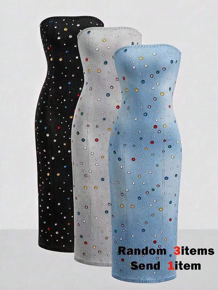 Light Blue Strapless Long Dress With Colorful Rhinestone Embellishments, Strapless Design Highlights Shoulder And Neckline, All-Over Scattered Colorful Rhinestone Decor, Eye-Catching Rhinestone Accents Create Elegant Atmosphere, Unique And Stylish Design, Easily Create Personalized Daily Outfit. Back To School Randomly Send 1pc - Multicolor - View 1