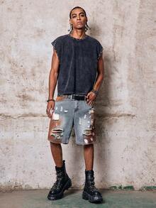 Skyrend Unisex Distressed Painted Denim Shorts Gothic Punk Streetwear For Emo Boy Grunge - Blue - View 4