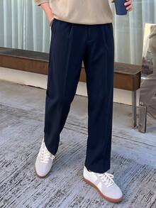 DAZY Men's Solid Color Straight Leg Casual Suit Pants With Pockets Fall - Navy Blue - View 3