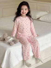 DAZY Ditsy Floral Loose Long Sleeve Casual T-Shirt Top + Straight Leg Pants 2 Pieces Set Loungewear For Young Girls Fall - Pink - View 7