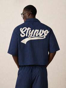 STYNVO Men's Striped Letter Embroidered Shirt And Pants Set - Navy Blue - View 1