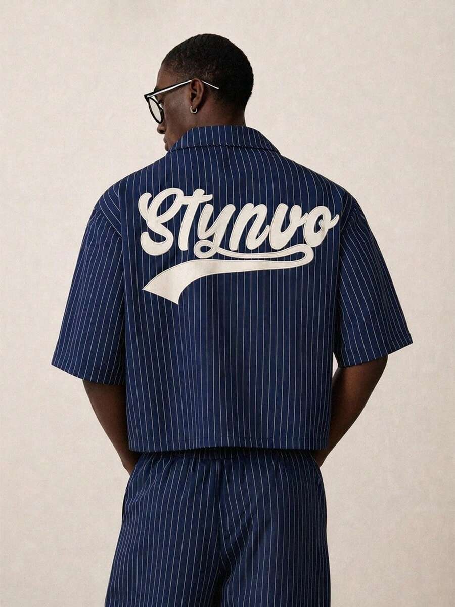 STYNVO Men's Striped Letter Embroidered Shirt And Pants Set - Navy Blue - View 1