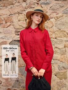 MOTF Petite SUMMER LIGHTWEIGHT VACATION LACE HOLLOW DETAIL 100% PURE LINEN RED SHIRT ,PETITE WOMEN - Red - View 1
