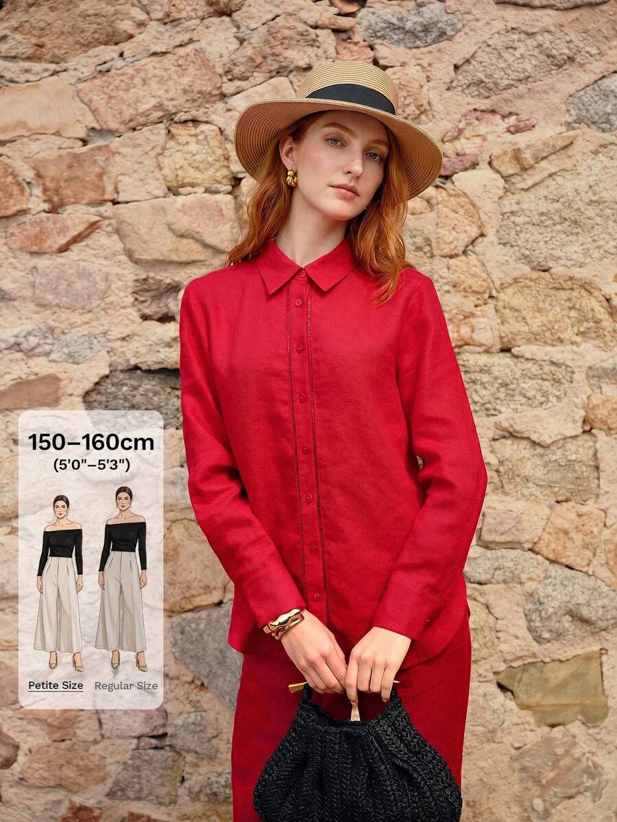 MOTF Petite SUMMER LIGHTWEIGHT VACATION LACE HOLLOW DETAIL 100% PURE LINEN RED SHIRT ,PETITE WOMEN - Red - View 1