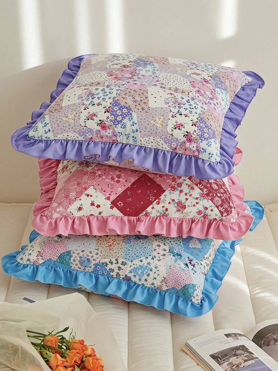 SHEIN 1 Piece, Retro Patchwork Ruffle Edge Pillow Cover, Ambient Flower Cushion Cover, Sofa Bedroom Home Decoration 30 * 50cm/45 * 45cm 3 Optional - Multicolor - View 1