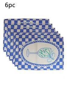 SHEIN 1 Piece, 2 Pieces, 4 Pieces, 6 Pieces, French Pastoral Blue And White Checkerboard Placemat, Linen Fabric Goblet Printed Thermal Insulation Mat, Restaurant Western Food Decorative Table Mat - Blue - View 13