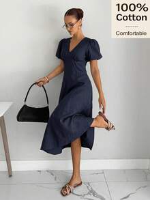Siren Gaze Gaun Panjang Elegan Wanita Warna Polos Leher V Lengan Pendek Motif Kelopak Bunga - Navy Blue - View 5