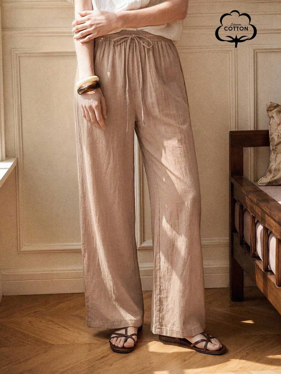SHEIN 優雅休閒時尚直筒亮面梭織抽繩腰春夏女款白色長褲 - 咖啡棕 - 查看 1