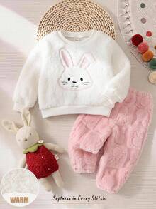 Cozy Pixies Baby Girl Cartoon Rabbit Embroidered Pattern Plush Soft Round Neck Long Sleeve Pullover Sweatshirt Elastic Waist Textured Cartoon Pattern Letter Graphic Plush Long Pants 2-Piece Set - Pink - View 8