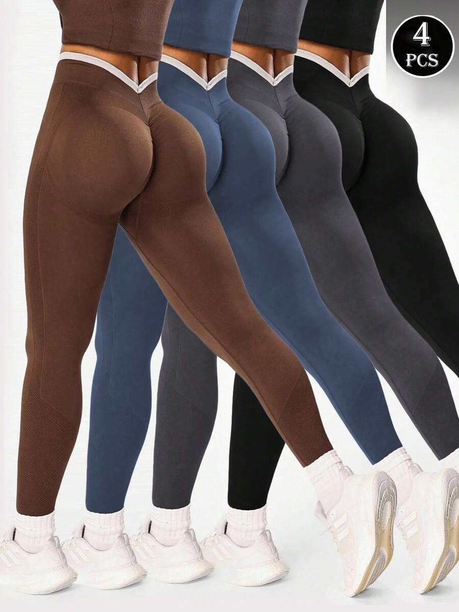 SHEIN 4件組女款巧克力棕、粉藍、綠色閃亮黑色無縫針織舒適彈性瑜伽跑步單車健身戶外休閒健身房夏季運動褲 - 彩色 - 查看 1