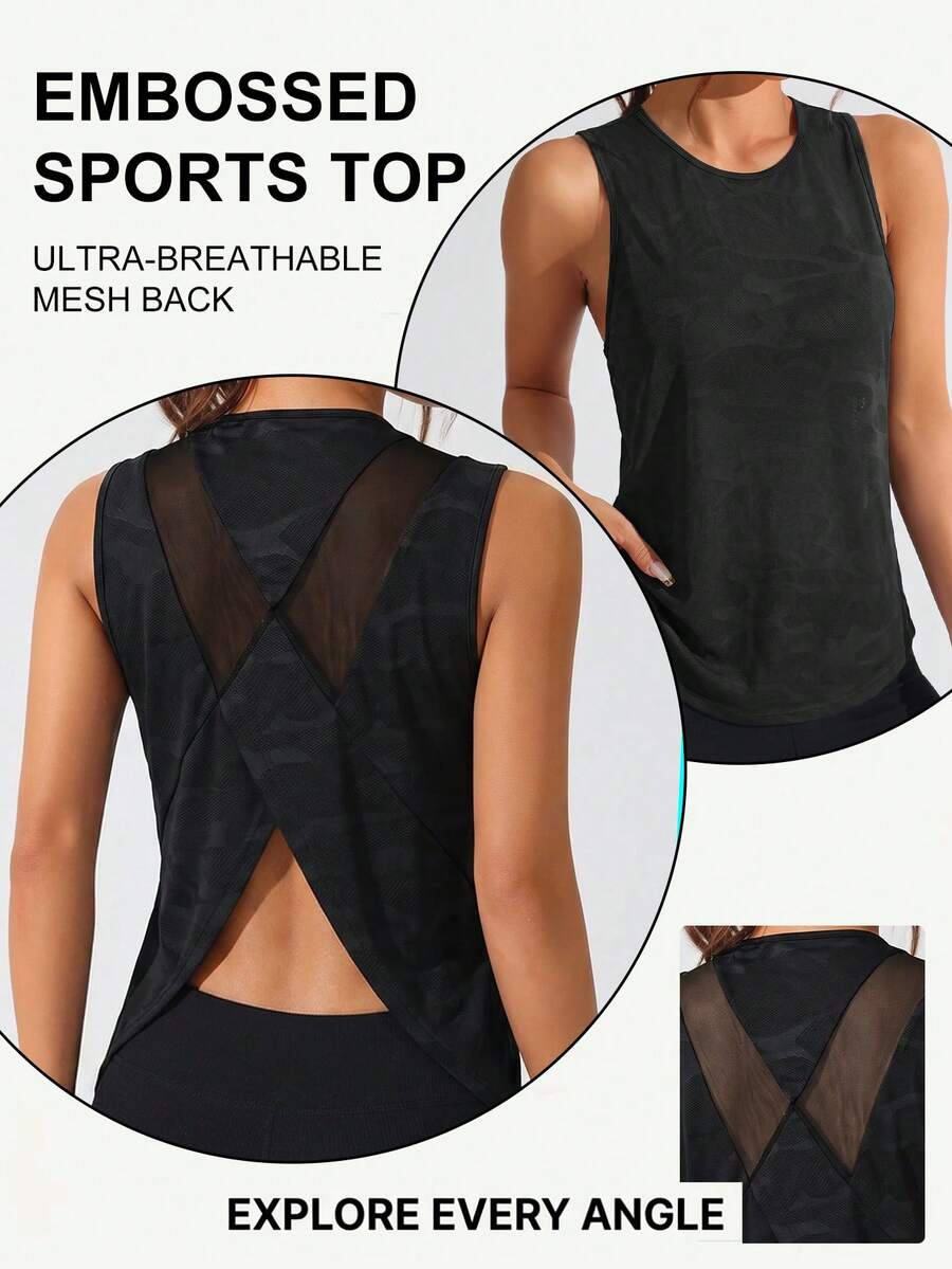 SHEIN Sports 女士无袖运动瑜伽户外健身背心,交叉网眼拼接后背,V形下摆 - 黑色 - 查看 1