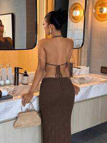 Slaydiva Women's Solid Color Pleated Cropped Halter Top And Skirt Slim Fit Vacation Two Pieces Set - Rust Brown - View 6