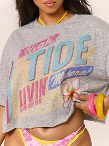 MUSERA Graphic Logo Print Oversized Cropped Crewneck Tshirt Summer Vacation Spring Holiday Beach Swim Ibiza Party Cute Tides & Tanlines - Grey - View 2