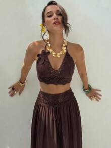 Aloruh Women's 3D Floral Decor Halter Top And Skirt Knit Two Pieces Set - Coffee Brown - View 7