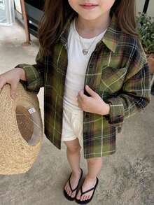 DAZY Tween Girls Loose Plaid Long Sleeve Casual Autumn Outerwear Lapel Collar Shirt - Army Green - View 7