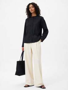 SHEIN BASICS Women's Solid Color Casual All-Match Minimalist Professional Versatile Daily Long Sleeve Shirt Teachers' Day Office Black Autumn - Black - View 6