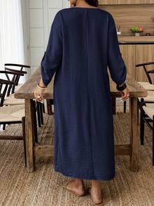 Breezaya Plus Size Casual Solid Color Dress Fall - Navy Blue - View 2