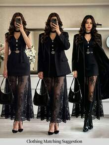 Elenzga Spring/Summer Fashion Lace Button Waist-Cinched Simple Versatile Commuter Elegant Dress - Black - View 1