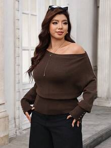 SHEIN Clasi Plus Size Women's Pullover Sweater Winter Elegant Asymmetrical Shoulder Cinched Cinched Waist Metal Button Decor - Coffee Brown - View 5