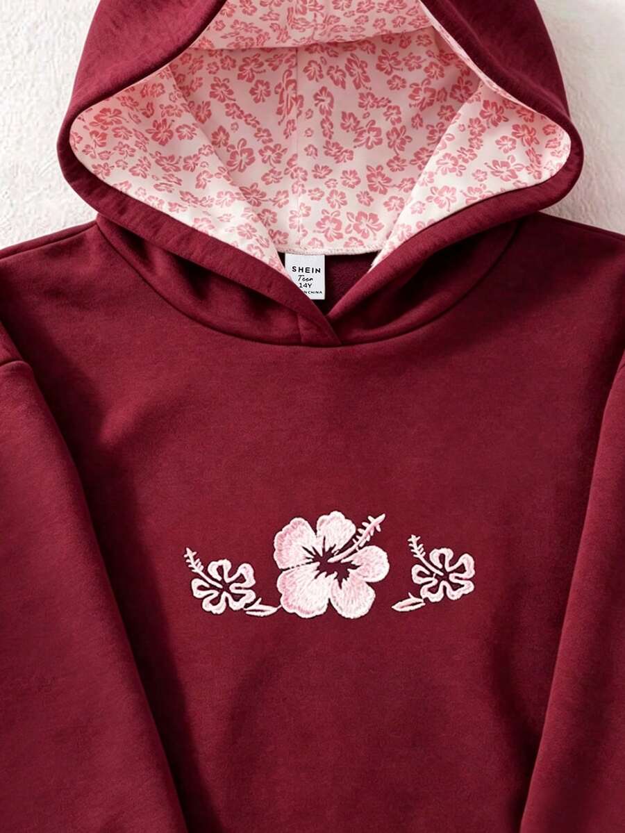 青少年女孩休閒時尚可愛粉色花卉刺繡套頭運動衫 - 酒紅色 - 查看 1