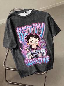 Betty Boop x SHEIN Plus Size Women's Round Neck Letter Cartoon Print Casual Versatile Daily Outing Short Sleeve T-Shirt - White - View 1